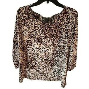 Chelsea & Theodore Women's Blouse Beige Leopard Print Lace Up 3/4 Sleeve L New